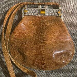 Vintage Moulin Rouge crossbody Reptile tiger's eye stones pewter kiss lock bag
